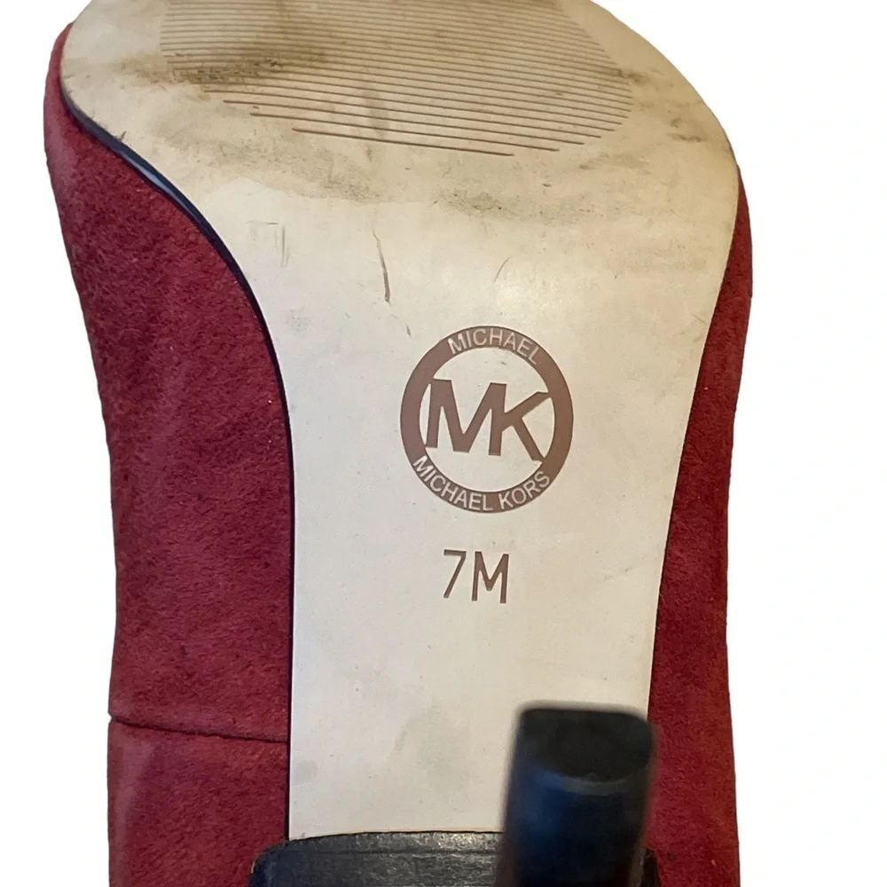Michael Kors Burgundy Suede Pumps with Brown Leather Cap Toe - Picture 5 of 6